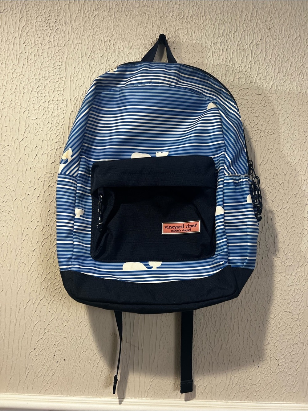 Vineyard Vines Whale Blue and White striped Backpack